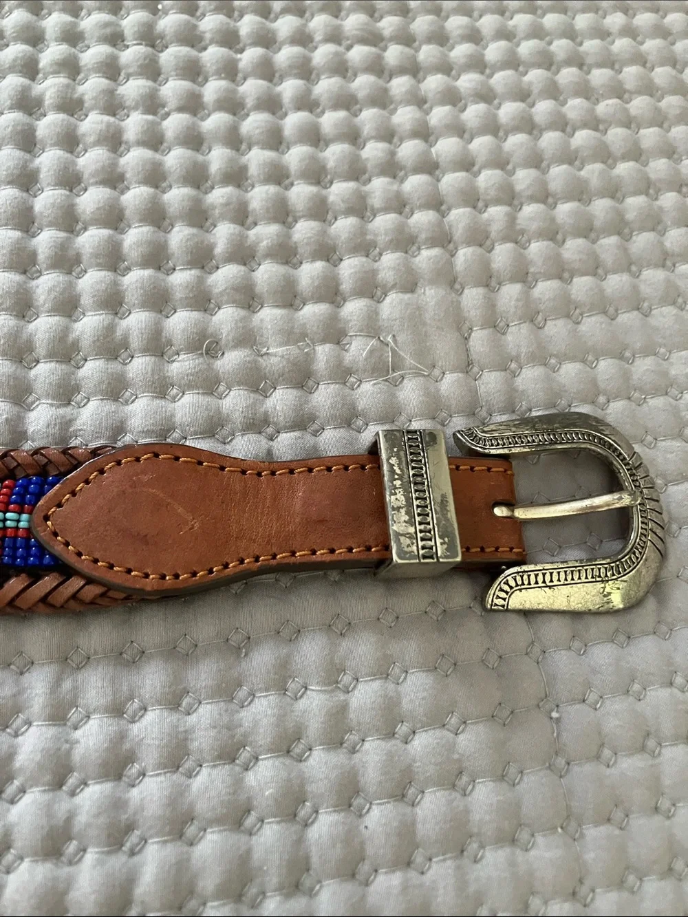 Brown Leather Beaded Men’s Belt with Silver Buckle